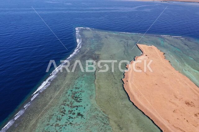 An aesthetic image of Zubaydah Island, which is located in the Red Sea in the Tabuk region, northwest of the Kingdom of Saudi Arabia, historical tourist attractions in Saudi Arabia, Zubaydah Island, the islands of the Tabuk region, the Red Sea islands, to