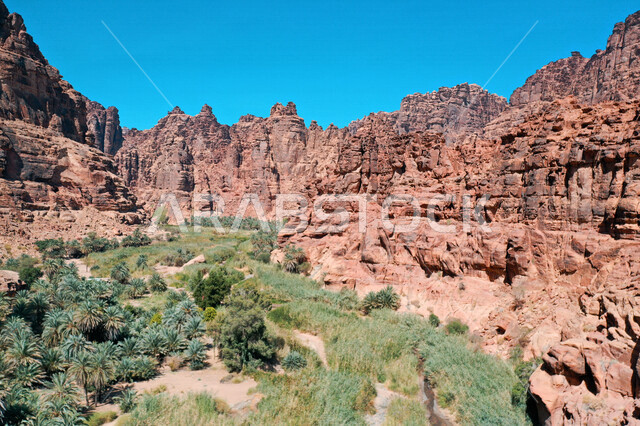 صورة جمالية لأخاديد الجبال الساحرة ، و التكوينات  الصخرية و الواحات بوادي الديسة في منطقة تبوك ، وادي الديسة ( الوادي الممتلئ بالنخيل ) الطبيعة الساحرة و جمالها الخلاب في المملكة العربية السعودية