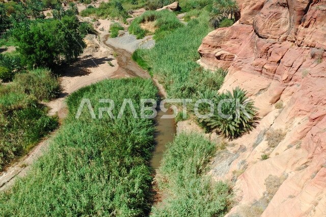 صورة جمالية لأخاديد الجبال الساحرة ، و التكوينات  الصخرية و الواحات بوادي الديسة في منطقة تبوك ، وادي الديسة ( الوادي الممتلئ بالنخيل ) الطبيعة الساحرة و جمالها الخلاب في المملكة العربية السعودية