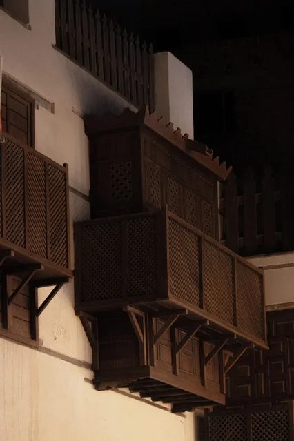 Traditional Hijazi Rowshan Balcony in Old Jeddah at Night