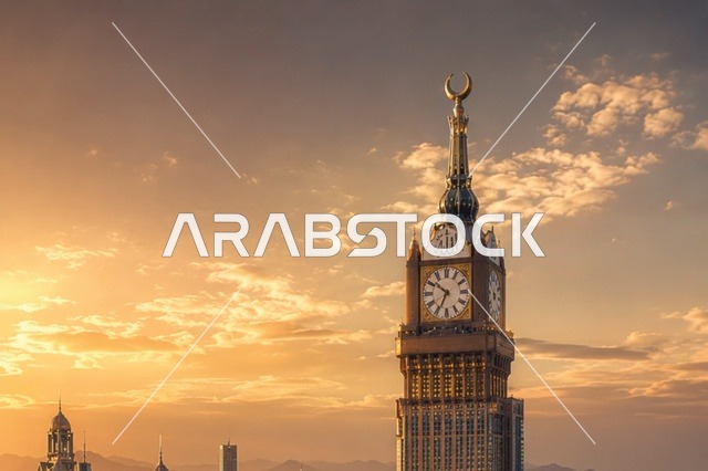 برج ساعة مكة المكرمة في المملكة العربية السعودية وقت الغروب