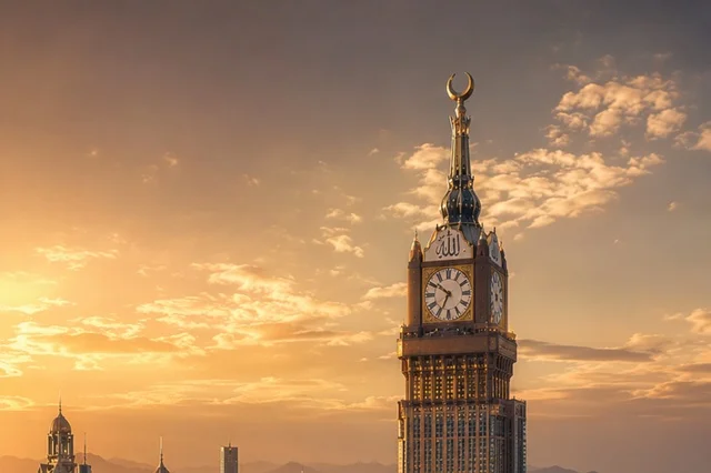 برج ساعة مكة المكرمة في المملكة العربية السعودية وقت الغروب