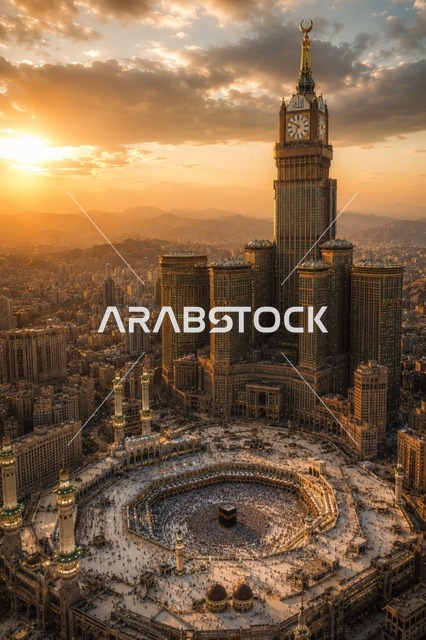 المسجد الحرام وبرج الساعة في مكة وقت الغروب