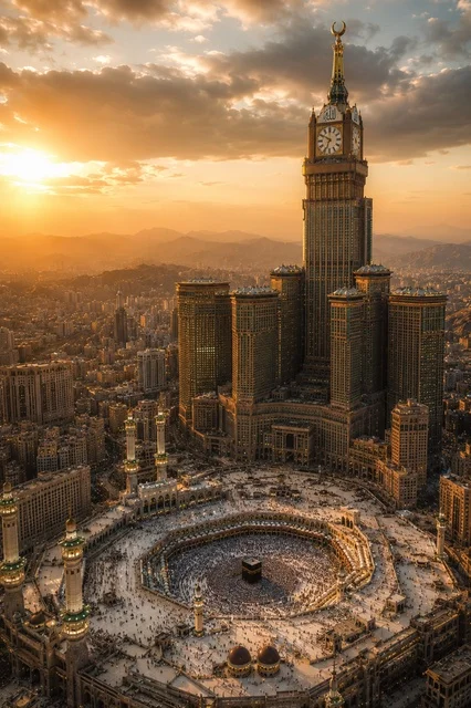 Grand Mosque Mecca and Clock Tower at Sunset