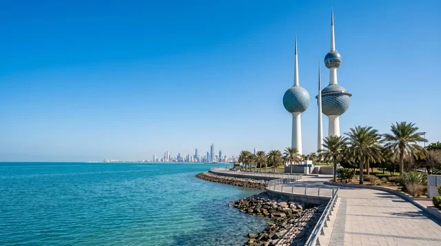 Kuwait Towers and Kuwait City Skyline Waterfront View