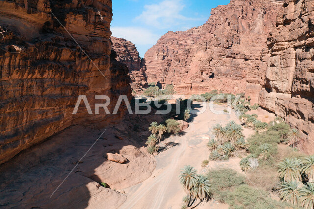 صورة جمالية لأخاديد الجبال الساحرة ، و التكوينات  الصخرية و الواحات بوادي الديسة في منطقة تبوك ، وادي الديسة ( الوادي الممتلئ بالنخيل ) الطبيعة الساحرة و جمالها الخلاب في المملكة العربية السعودية