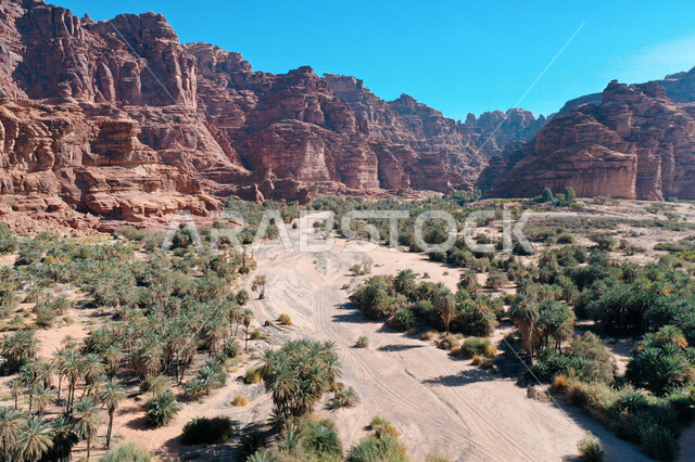صورة جمالية لأخاديد الجبال الساحرة ، و التكوينات  الصخرية و الواحات بوادي الديسة في منطقة تبوك ، وادي الديسة ( الوادي الممتلئ بالنخيل ) الطبيعة الساحرة و جمالها الخلاب في المملكة العربية السعودية
