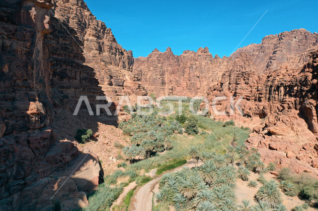 صورة جمالية لأخاديد الجبال الساحرة ، و التكوينات  الصخرية و الواحات بوادي الديسة في منطقة تبوك ، وادي الديسة ( الوادي الممتلئ بالنخيل ) الطبيعة الساحرة و جمالها الخلاب في المملكة العربية السعودية
