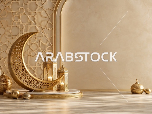 هلال ذهبي وفوانيس مع زخارف إسلامية هندسية