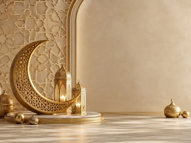 Gold Crescent Moon and Lanterns with Islamic Pattern