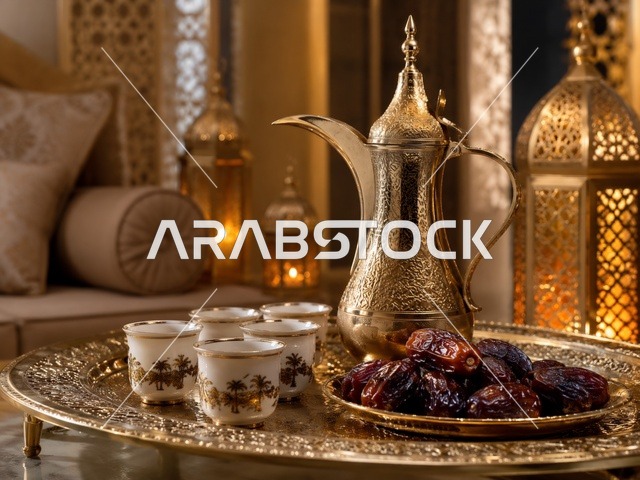 دلة قهوة عربية وتمر في مجلس تقليدي