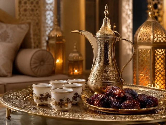 Traditional Arabic Coffee Dallah and Dates in Majlis