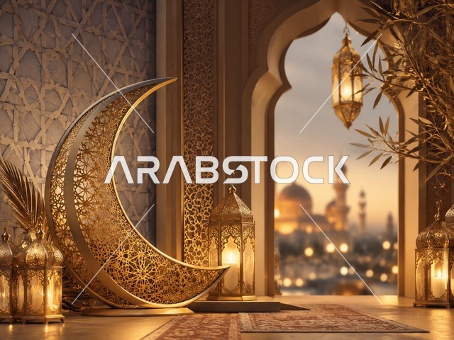 هلال رمضان وفوانيس ذهبية مع إطلالة على المسجد وقت الغروب