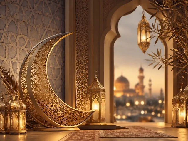 هلال رمضان وفوانيس ذهبية مع إطلالة على المسجد وقت الغروب