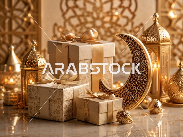 هدايا رمضان وعيد الفطر مع هلال وفوانيس ذهبية