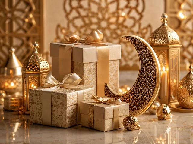 هدايا رمضان وعيد الفطر مع هلال وفوانيس ذهبية