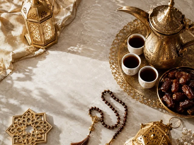 Traditional Arabic Coffee Dallah with Dates and Lanterns