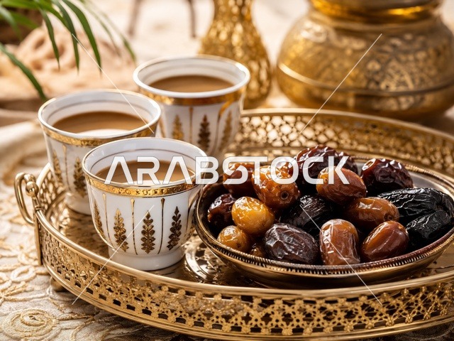 فناجين القهوة العربية مع التمور في مجلس سعودي تقليدي