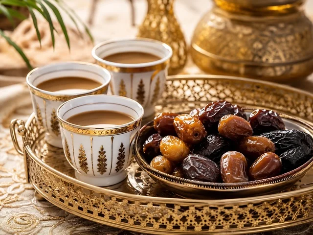Traditional Arabic Coffee and Dates on Golden Tray