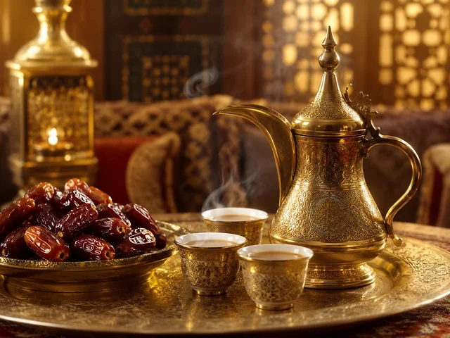 دلة قهوة عربية وتمر في مجلس تقليدي أصيل