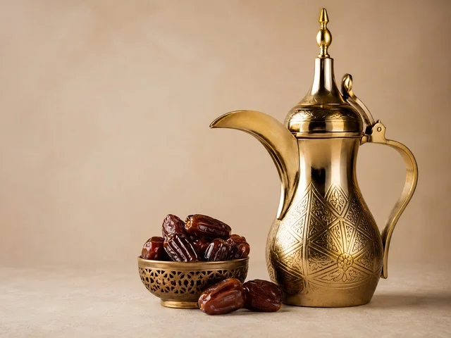 دلة قهوة عربية فاخرة مع تمر في مجلس عربي أصيل