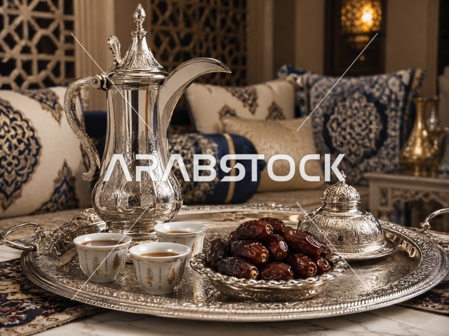 دلة قهوة عربية فضية وتمر في مجلس تقليدي