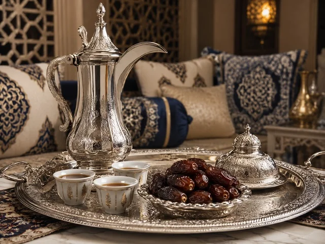 Traditional Silver Arabic Coffee Pot and Dates in Majlis