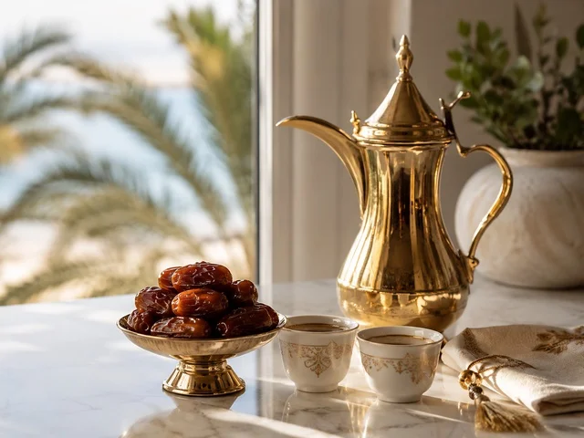 دلة قهوة عربية ذهبية مع تمر في مجلس تقليدي