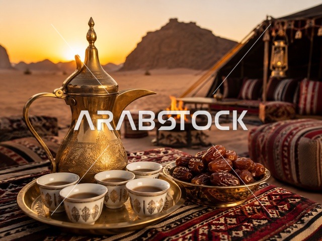 دلة قهوة عربية وتمر في الصحراء وقت الغروب