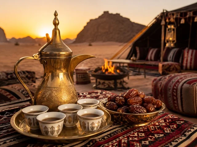 Arabic Coffee Dalla and Dates in Desert Sunset