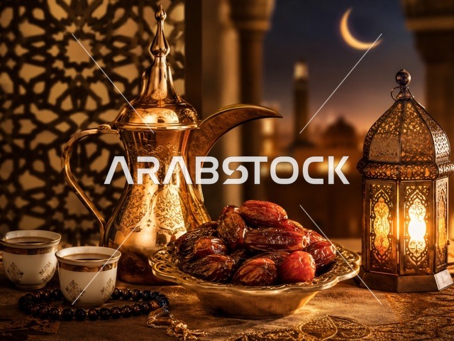 دلة قهوة عربية وتمر مع هلال رمضان في المجلس