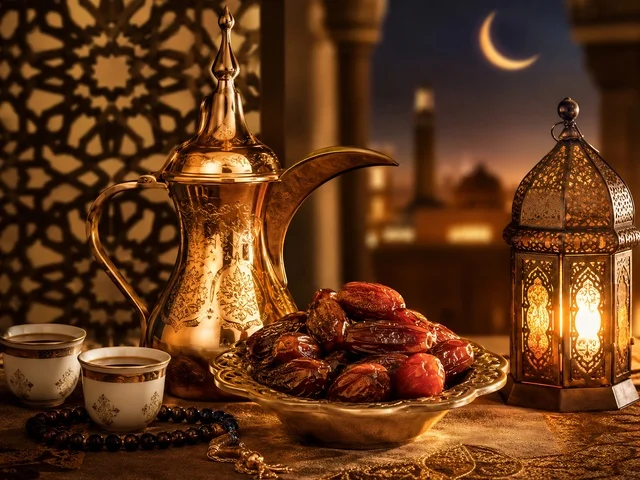 دلة قهوة عربية وتمر مع هلال رمضان في المجلس