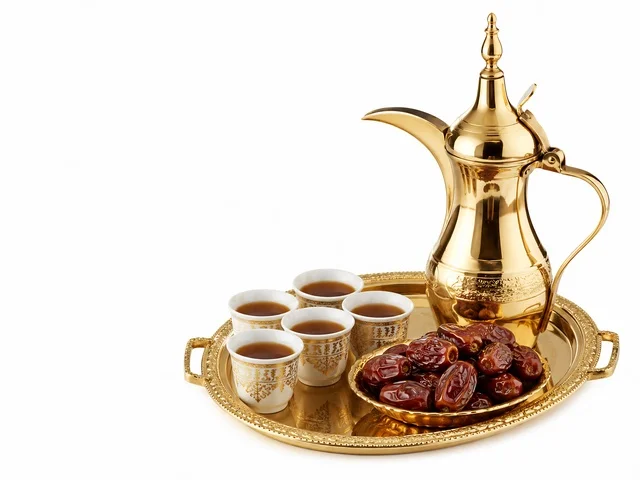 Golden Arabic Coffee Dallah and Dates on White Background