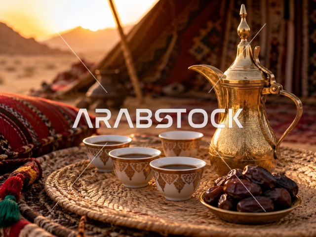 دلة قهوة عربية وتمر في الصحراء وقت الغروب