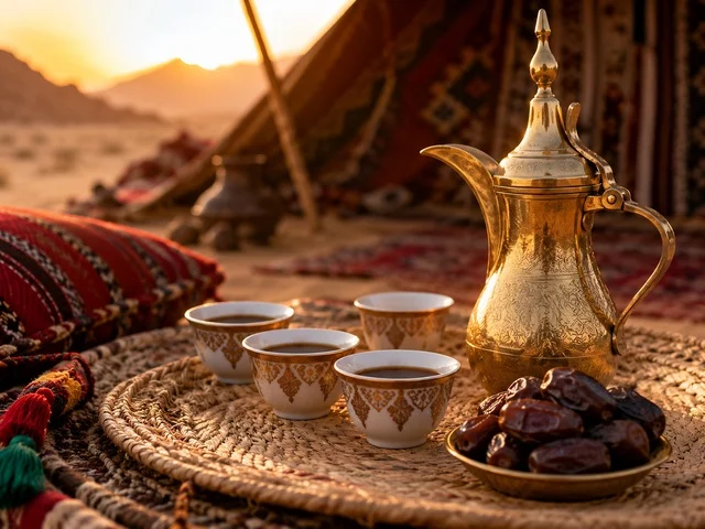 دلة قهوة عربية وتمر في الصحراء وقت الغروب
