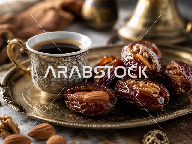 فنجان قهوة عربية وتمر محشو بالمكسرات في مجلس تقليدي