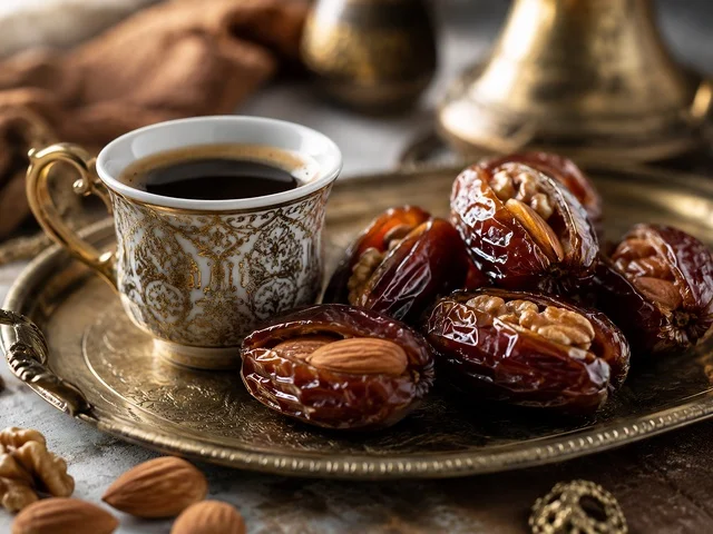 فنجان قهوة عربية وتمر محشو بالمكسرات في مجلس تقليدي