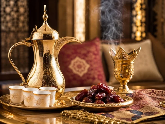 Gold Arabic Dallah and Dates in Traditional Majlis