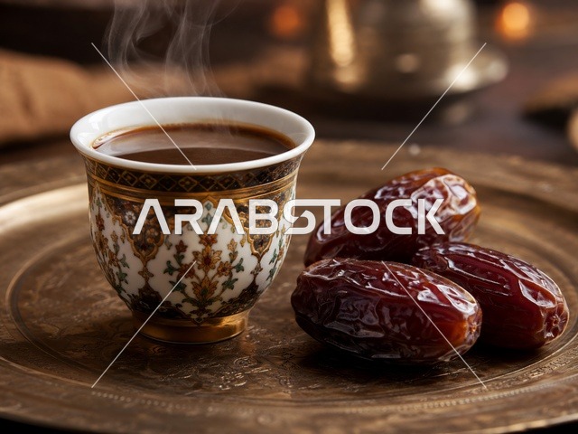 فنجان قهوة عربية مع تمر على صينية نحاسية في مجلس تقليدي