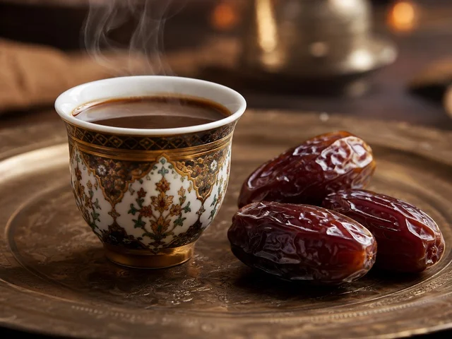 فنجان قهوة عربية مع تمر على صينية نحاسية في مجلس تقليدي