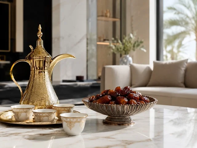 Golden Arabic Coffee Pot and Dates in Modern Majlis Golden Arabic Coffee Pot and Dates in Modern Majlis