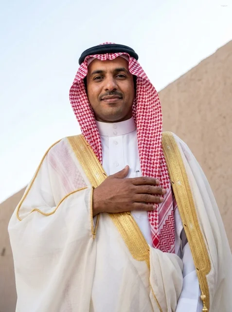 رجل سعودي بالبشت والزي التقليدي يضع يده على صدره