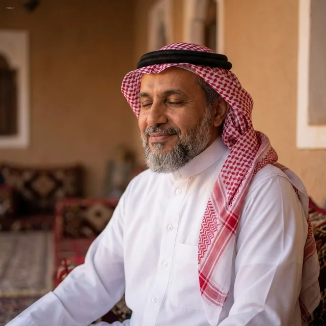 رجل سعودي بالزي التقليدي في مجلس عربي تراثي هادئ