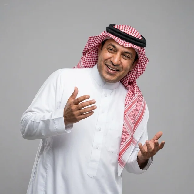 رجل سعودي مبتسم يرتدي الزي التقليدي يشير بيديه للتواصل