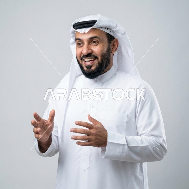 شاب سعودي يتحدث مع إيماءات يد تعبيرية بخلفية معزولة