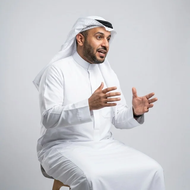 شاب سعودي بالثوب التقليدي يتحدث في استوديو
