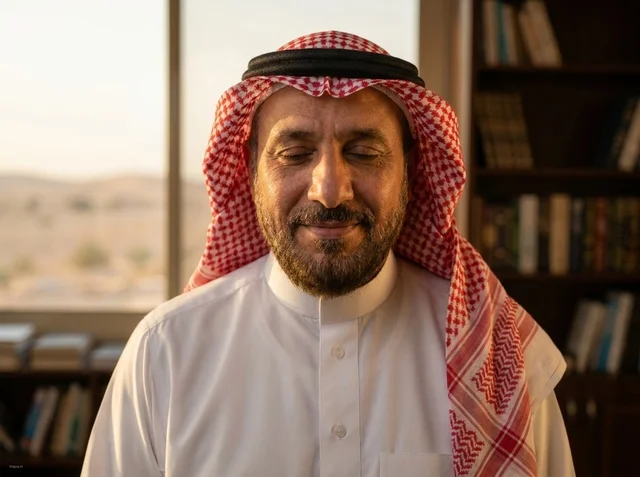 Mature Saudi Man Smiling with Eyes Closed Warm Light