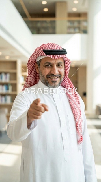 رجل سعودي يبتسم ويشير بإصبعه داخل مكتب عمل حديث