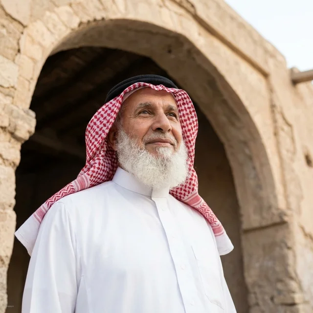 رجل سعودي مسن أمام قوس أثري بالزي التقليدي