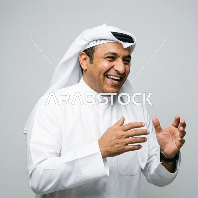 رجل سعودي يضحك مع إيماءات يد معبرة بخلفية بيضاء